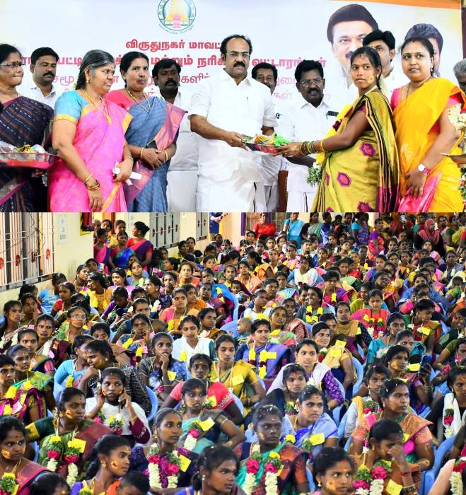 சமுதாய வளைகாப்பு விழாவில் திருச்சுழி, காரியாபட்டி மற்றும் நரிக்குடி ஆகிய வட்டாரங்களைச் சேர்ந்த 300 கர்ப்பிணி தாய்மார்களுக்கு வளைகாப்பு சீதனப் பொருட்களை  நிதி, சுற்றுச்சூழல் மற்றும் காலநிலை மாற்றத்துறை அமைச்சர் அவர்கள் வழங்கினார்.