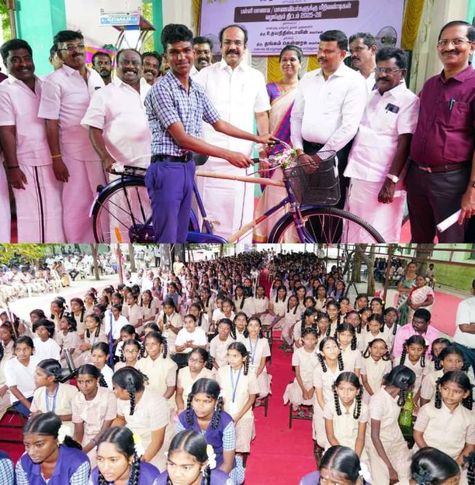 சிவகங்கை மாவட்டம், காரைக்குடியில் நடைபெற்ற அரசு விழாவில் விலையில்லா மிதிவண்டி வழங்கும் திட்டம் 2025-2026