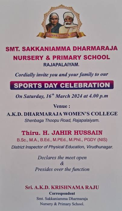 SMT. SAKKANIAMMA DHARMARAJA NURSERY & PRIMARY SCHOOL RAJAPALAIYAM.SPORTS DAY CELEBRATION