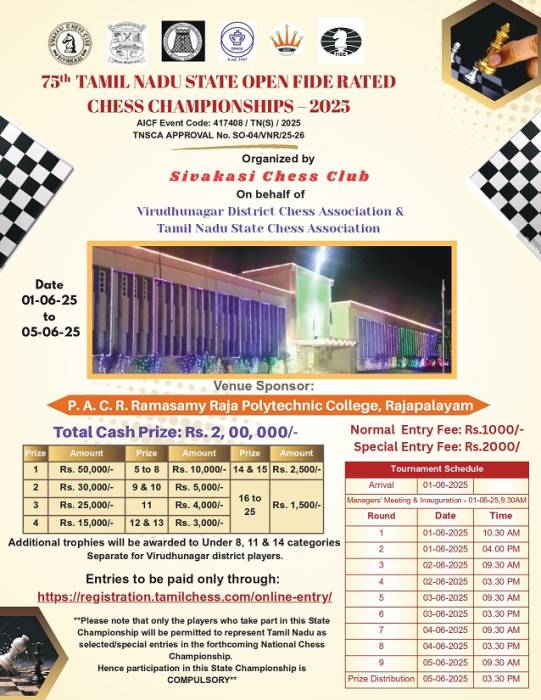 75th TAMIL NADU STATE OPEN FIDE RATED  CHESS CHAMPIONSHIPS-2025