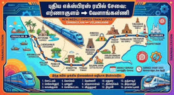 தென்காசி-மதுரை - திண்டுக்கல் வழியாக  வேளாங்கண்ணிக்கு புதிய ரயில் தொடக்கம். 16363/16364 எர்ணாகுளம் - வேளாங்கண்ணி.